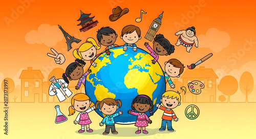 Cartoon illustration of diverse children around the globe with friendship