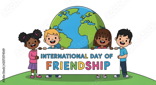 International day of friendship illustration with diverse children holding