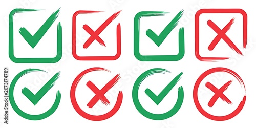 Green check mark and red cross icon set isolated on white background