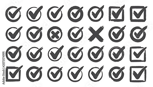 Check mark icons set black on white circle isolated on white background