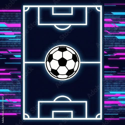 Neon Soccer Field with Ball Glowing in Dark Background