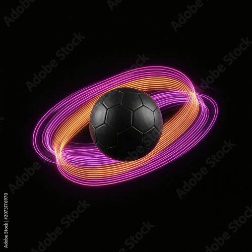 Glowing neon rings surround a soccer ball in motion