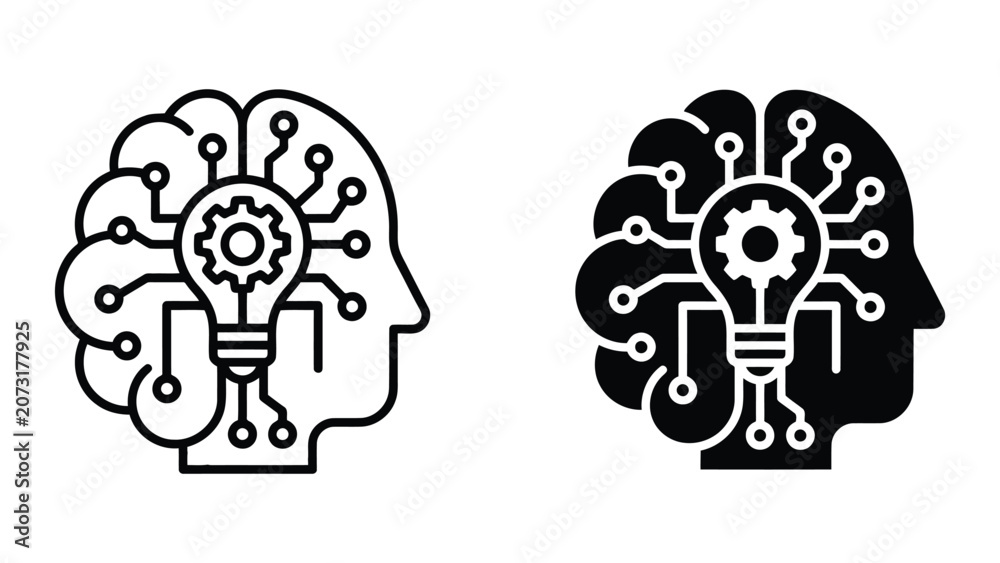 Obraz premium Human head profile silhouette containing neural brain network and central gear cog icon representing cognitive processing and intelligent learning in professional vector art design
