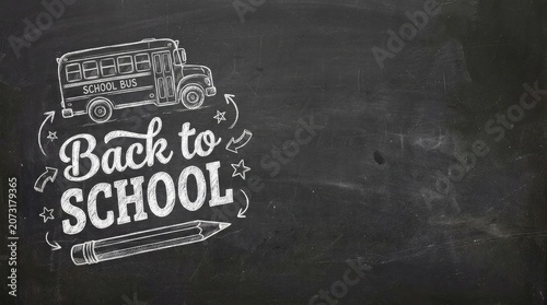 Back to school illustration with chalkboard background and school bus