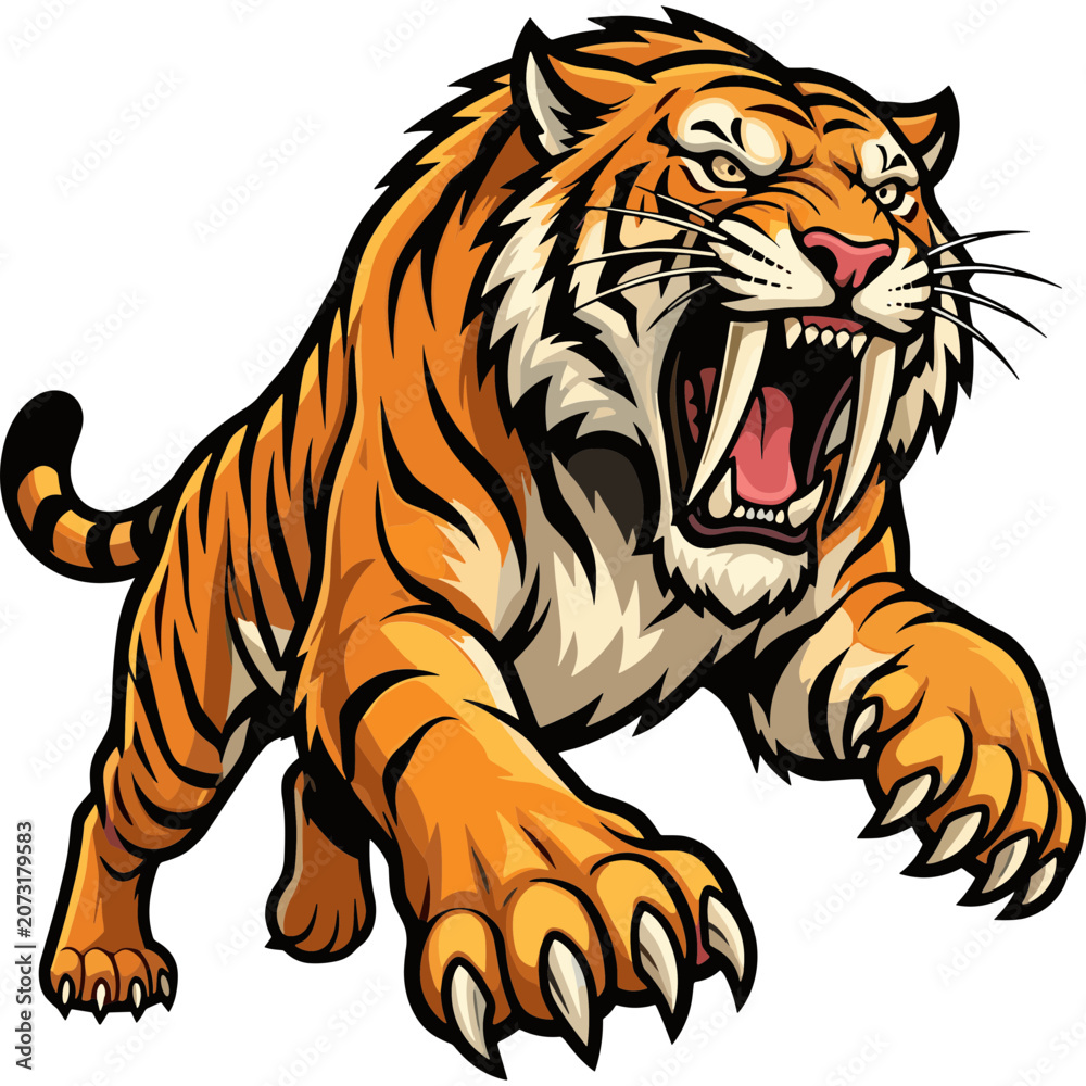 Obraz premium A roaring tiger attacks fiercely in a savannah environment with its prey.