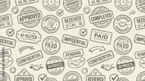 Seamless pattern of blue business process rubber stamps including words like administration, corporate workflow, approved, and professional management symbols for office documentation design.