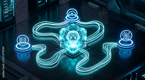 An AI agent workflow process with glowing blue circuits on a dark tabletop