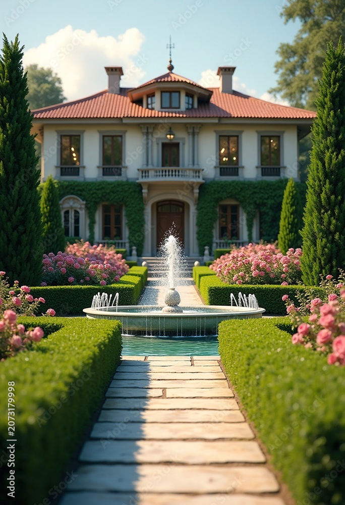 Obraz premium Opulent Mansion Elegant Fountain Inviting Garden Visuals Lush Greenery Pristine Pathways Tranquil Atmosphere