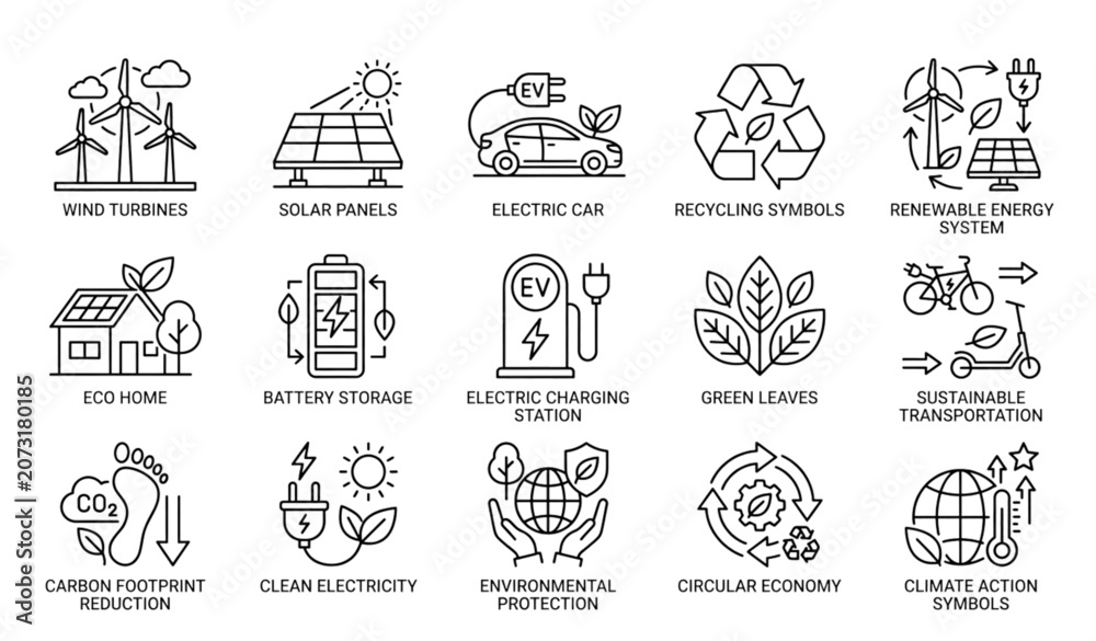 Obraz premium Black and White Green Energy Outline Icon Set with Renewable Sustainability Symbols
