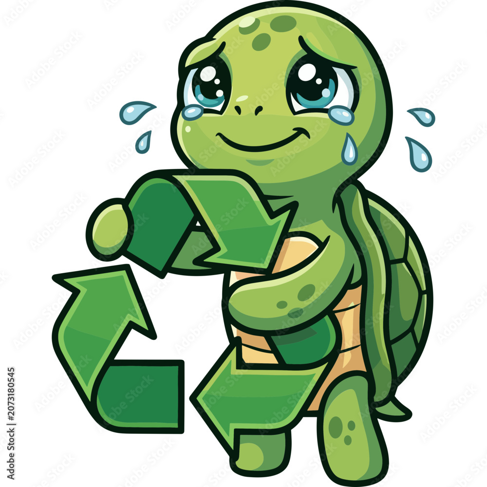 Obraz premium A cartoon turtle character is recycling with a happy face outdoors