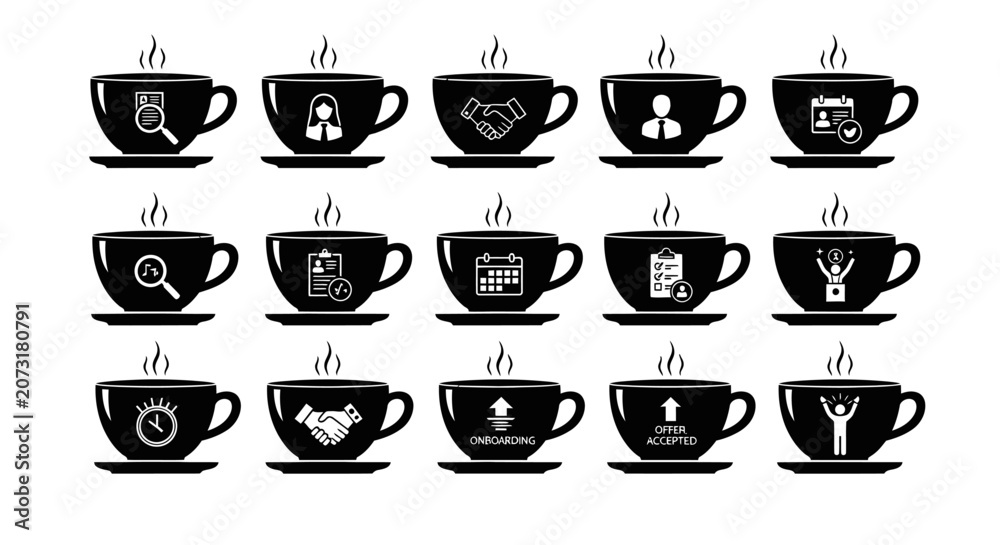 Fototapeta premium Business and career themed coffee cups with icons related to job search hiring and onboarding for professional development themes
