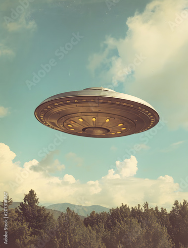 a retro vintage UFO flying saucer hovering in the sky above a forest landscape