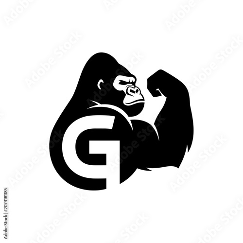Minimalist black and white gorilla silhouette logo design with letter G integration.