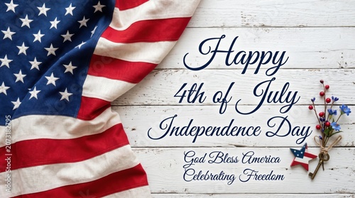 Happy 4th of July Independence Day greeting, American flag on white wood background, God Bless America celebrating freedom message for patriotic holiday