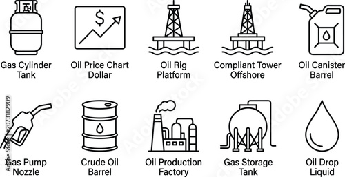 Obraz na płótnie Collection of oil and gas sector line icons with descriptive labels shown on a transparent grid background set
