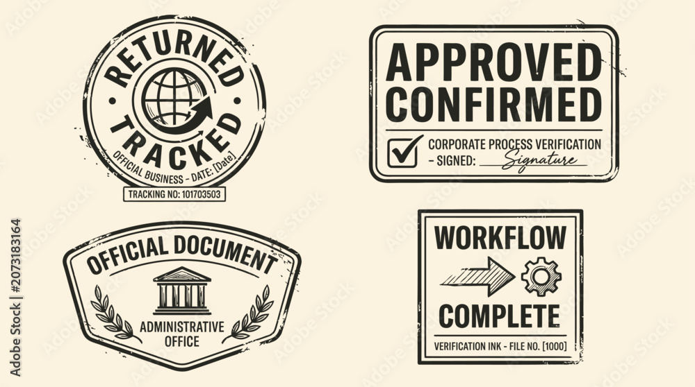 Fototapeta premium Collection of Red and Blue Rubber Stamp Marks for Document Status Including Approved Tracked Confirmed and Returned Labels for Professional Office Workflow Paperwork Validation