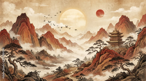 Foto Mountain landscape with pagoda and sun traditional ink wash painting style