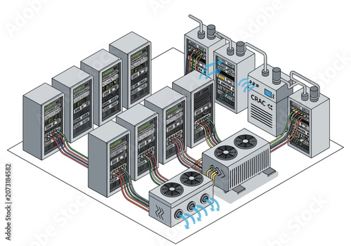 Bild auf Leinwand Isometric view of a server room featuring server racks connected to cooling unit