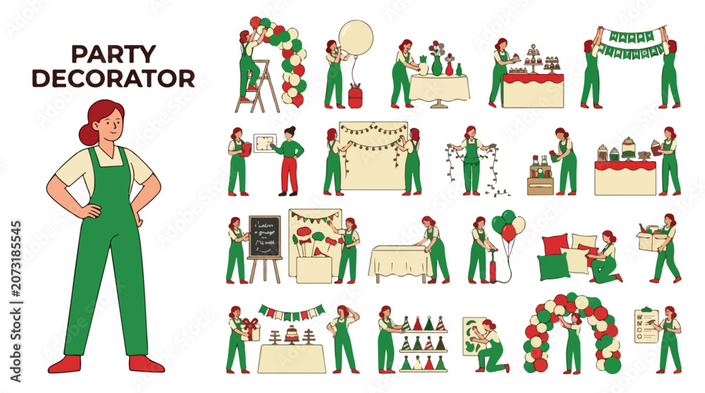 Naklejka premium Professional party decorator character set, event planner woman in green overalls, festive celebration preparation icons for holiday and birthday events