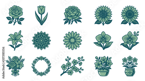 Vászonkép Collection of various green floral icons.