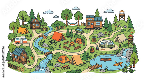 Billede på lærred Scenic forest campground with tents cabins trailers and river