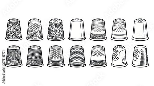 Foto Vintage sewing thimble set with floral and geometric patterns