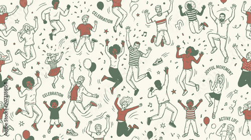 Energetic silhouette icon set representing a diverse crowd of happy inclusive human figures jumping with joy during a vibrant group activity, symbolizing unity and positive communal spirit.