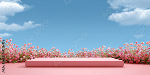 Beautiful natural background of flowers, podium, space for advertising. Greeting card. Health, beauty, life, flora. For designers, advertising, IT.