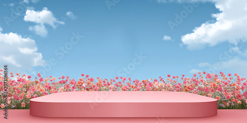 Beautiful natural background of flowers, podium, space for advertising. Greeting card. Health, beauty, life, flora. For designers, advertising, IT.