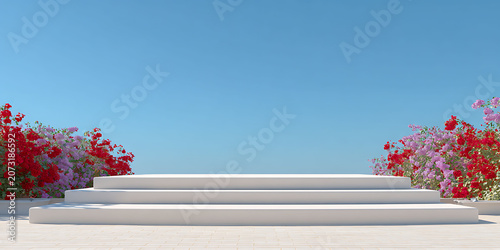 Beautiful natural background of flowers, podium, space for advertising. Greeting card. Health, beauty, life, flora. For designers, advertising, IT.