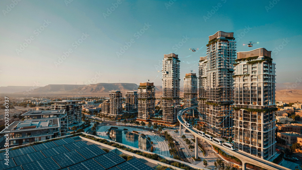 Fototapeta premium Modern luxury apartment complex design featuring greenery and elevated transit rail system.