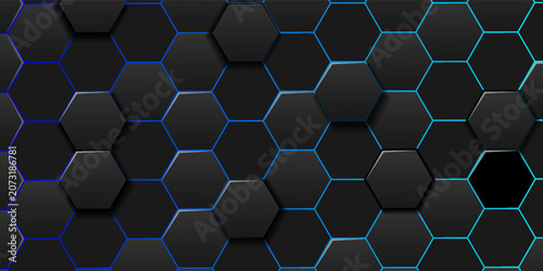 Abstract Dark Hexagon Technology Background With Blue Neon Glow and 3D Geometric Pattern
