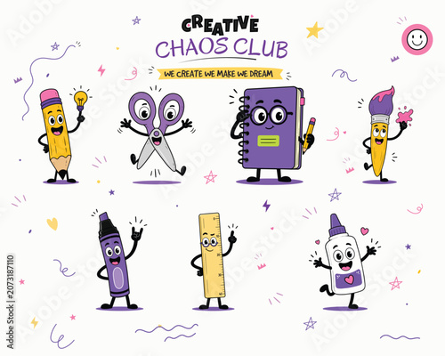 Cute creative school supplies characters illustration set in playful cartoon style