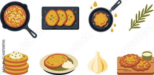 Foto Potato pancakes latkes vector flat illustration set featuring crispy hash browns frying in a skillet pan, garlic, rosemary, and sour cream toppings