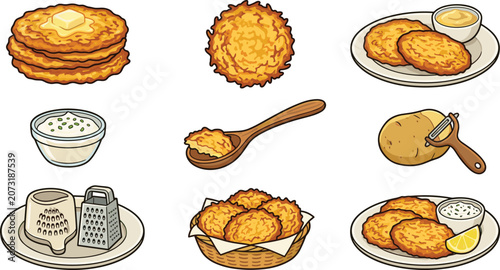 Quadro su tela Crispy potato pancakes latkes vector cartoon illustration set featuring homemade hash browns with butter, sour cream dip, grater, and raw potato peeling elements