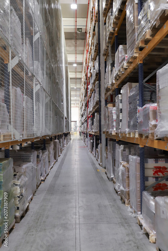 logistic warehouse. packing line in a logistics warehouse
