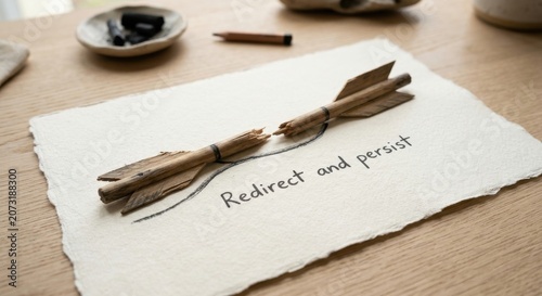 Broken arrow on paper with motivational words Redirect and persist
