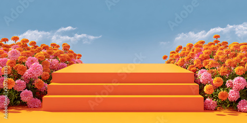 Beautiful natural background of flowers, podium, space for advertising. Greeting card. Health, beauty, life, flora. For designers, advertising, IT.