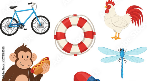 Photography Summer Fun and Playful Animal Vector Set, Bicycle, Life Ring, Rooster, Monkey wi