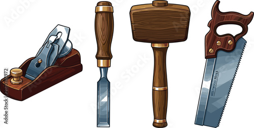 Foto Vintage Carpentry Hand Tools Vector Set with Wooden Jack Plane, Chisel, Mallet H