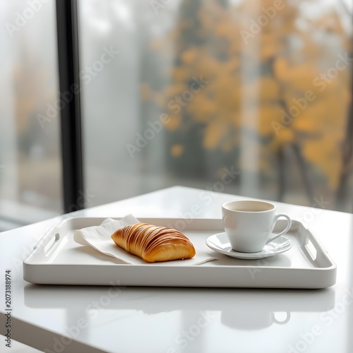 Luxury hotel room breakfast tray, premium travel food concept