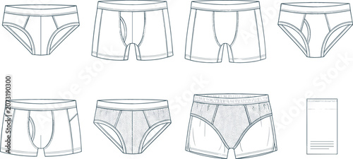 Men underwear collection technical fashion sketch vector illustration set featuring briefs boxer briefs trunks textured mesh panels and elastic waistband CAD template