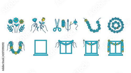 Obraz na plátně Diy flower garland making and window decoration icons