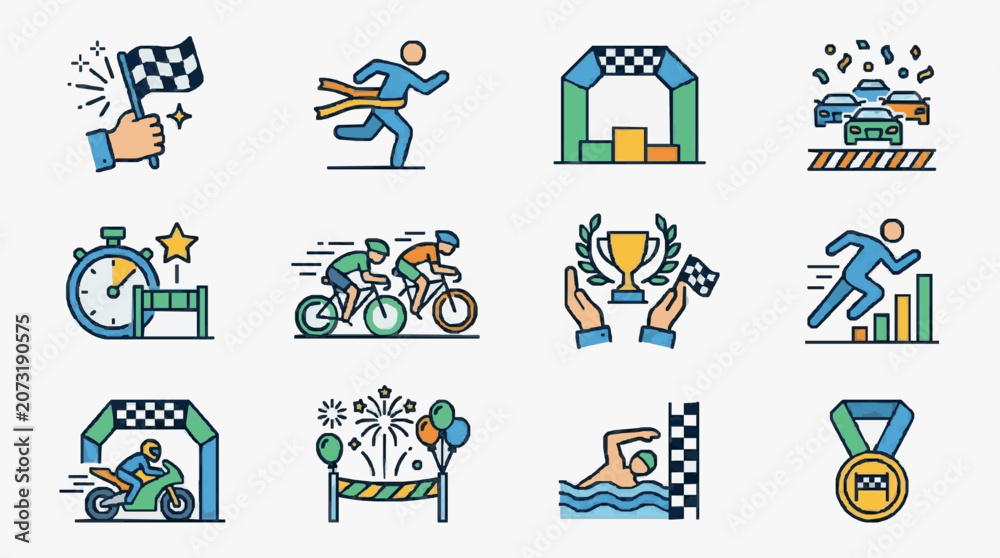 Fototapeta premium Elegant Colorful Set of Sports Victory and Competition Icons Featuring Checkered Flags Medals and Athletes