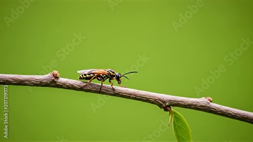 Striped insect perched on a branch with green background