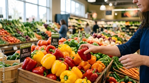 Woman Selecting Fresh Red Bell Peppers In A Brightly Lit Grocery Store Produce Section