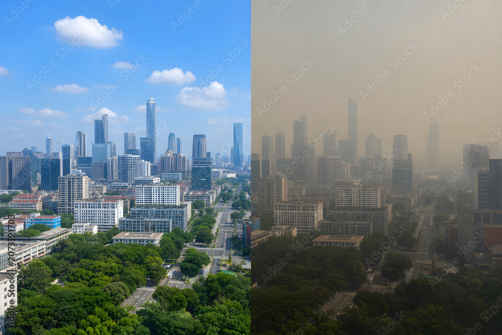 Fototapeta premium Clean city skyline contrasted with polluted urban air