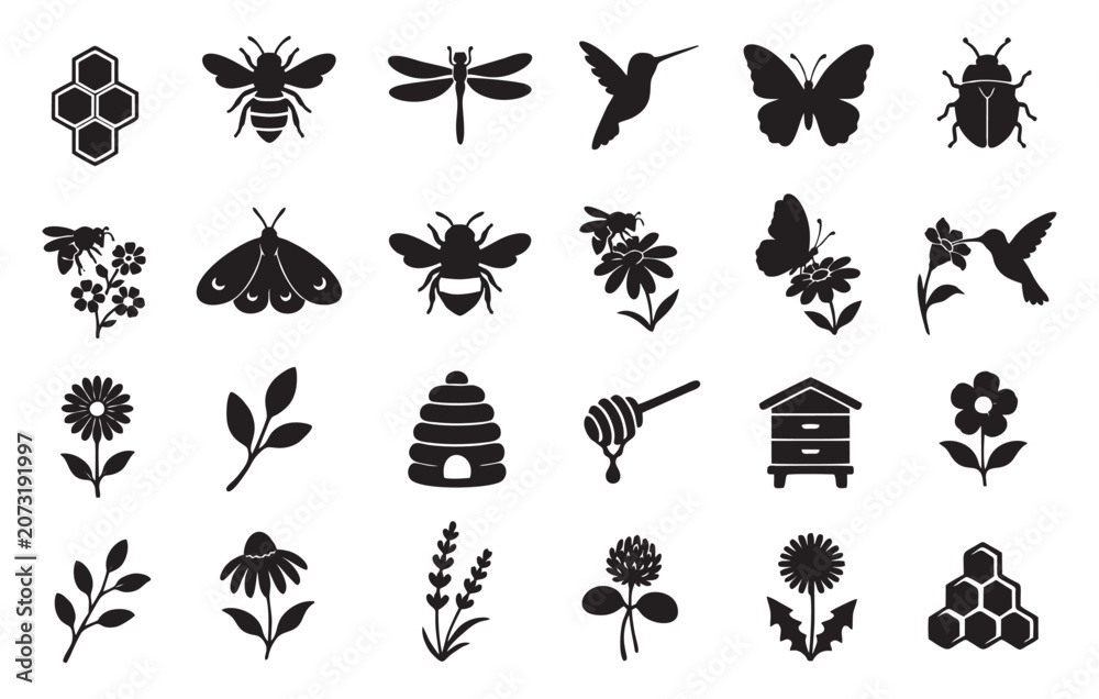 Obraz premium Garden Pollinator Silhouette Icon Set – Black and White Bee Butterfly Flower and Beehive Vector Collection