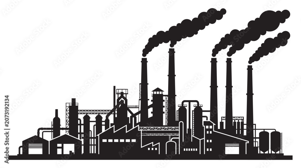 Fototapeta premium Industrial factory complex with smokestacks black silhouette