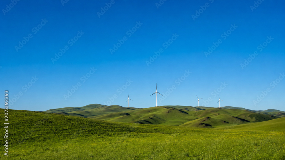 Fototapeta premium Vast Blue Sky and Rolling Green Meadow Landscape Under Sunny Conditions